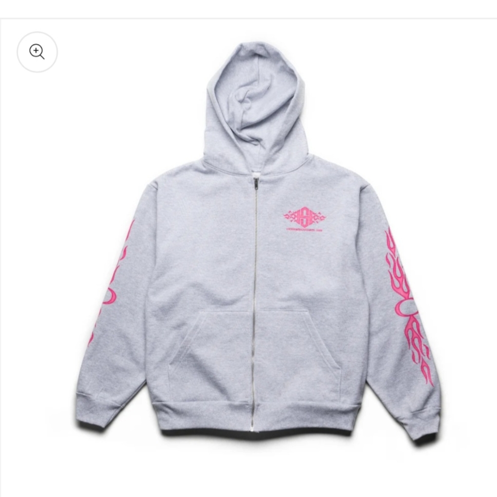 Homesickoffline Inferno Streetwear Zip-Up Hoodie Women's Small Light Gray & Pink